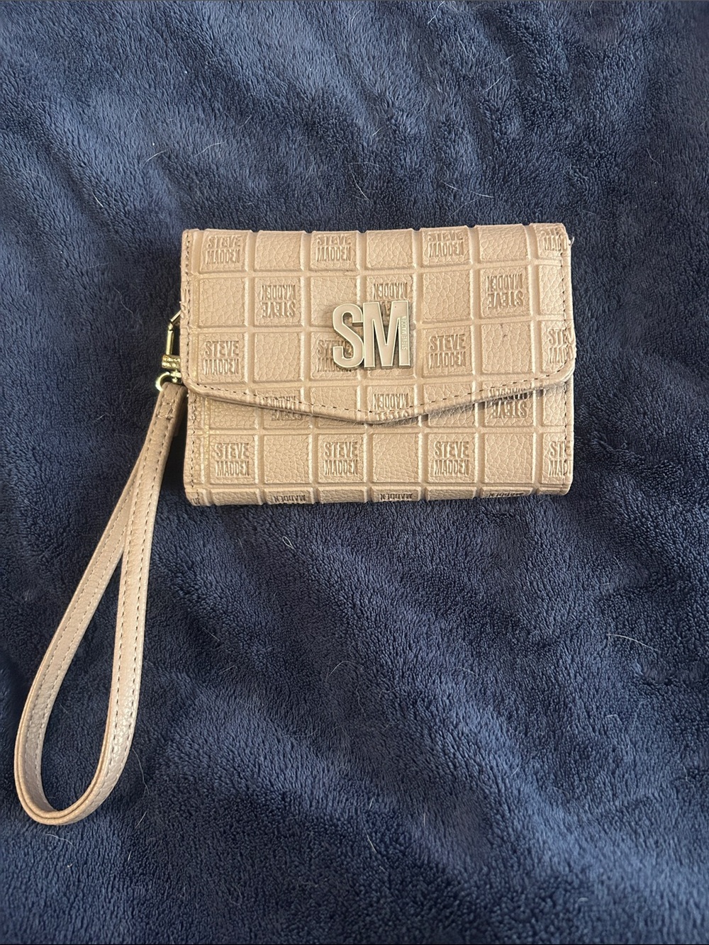 Steve Madden Taupe Embossed Logo Wristlet
